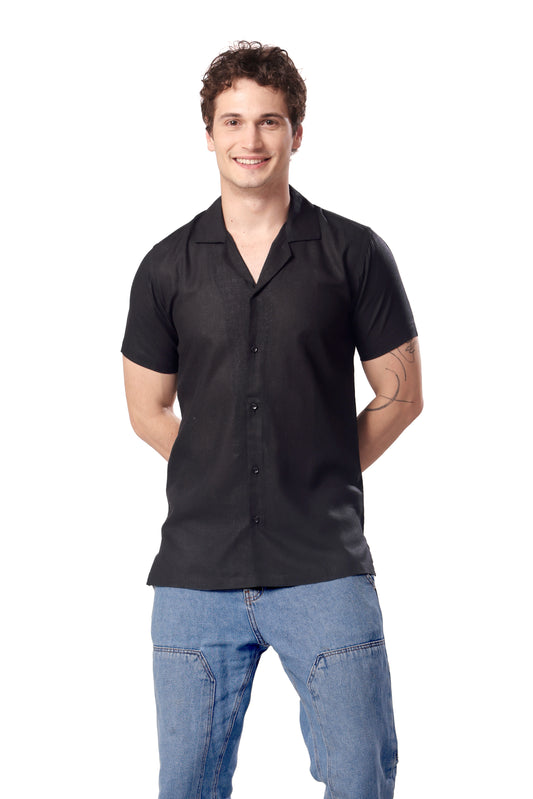 MAN SHIRT HALF SLEEVE BLACK CUBAN COLLAR